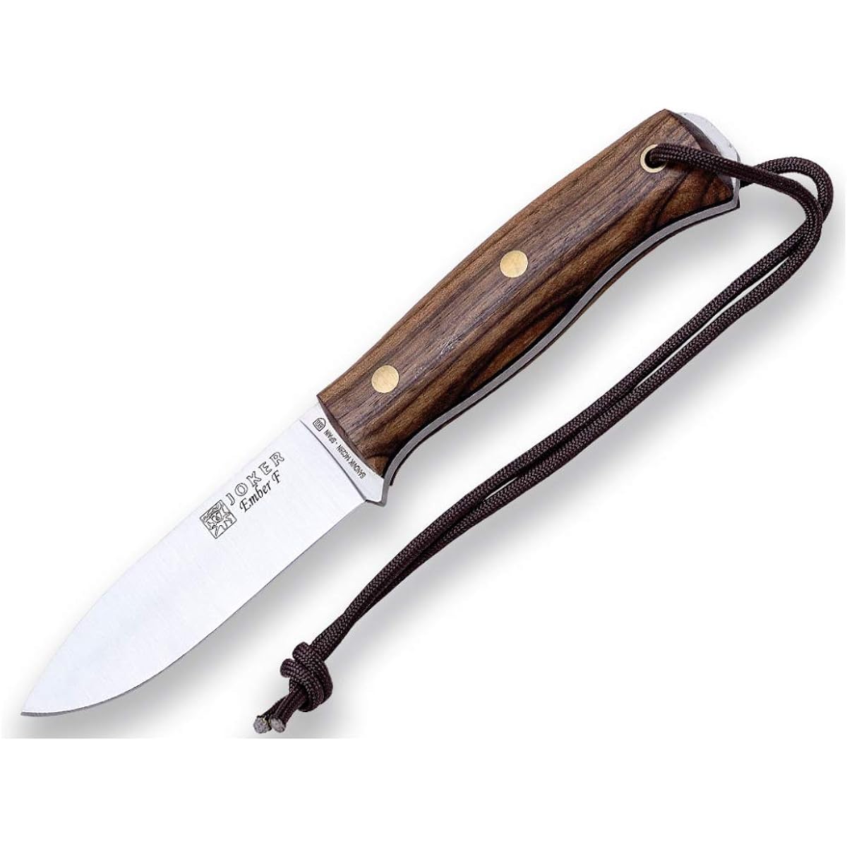 Joker Bushcraft Knife Ember F CN123 Walnut Wood Handle Leather Sheath 4.12" SANDVIK 14C28N Steel with 78.77" Paracord Fishing Hunting Camping Hiking Tool