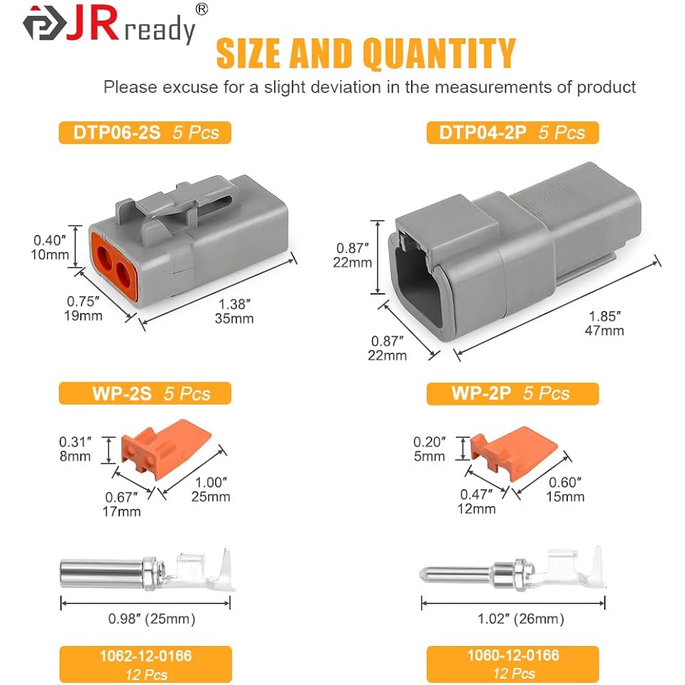 JRREADY ST6283 44 DTP connector 2 pins with 12 sets with 12 sets of German size 12-14AWG (2.0-4.0mm²) 2 Pin waterproof connector kit DTP04-2P/dtp06-2S 25 Ampare