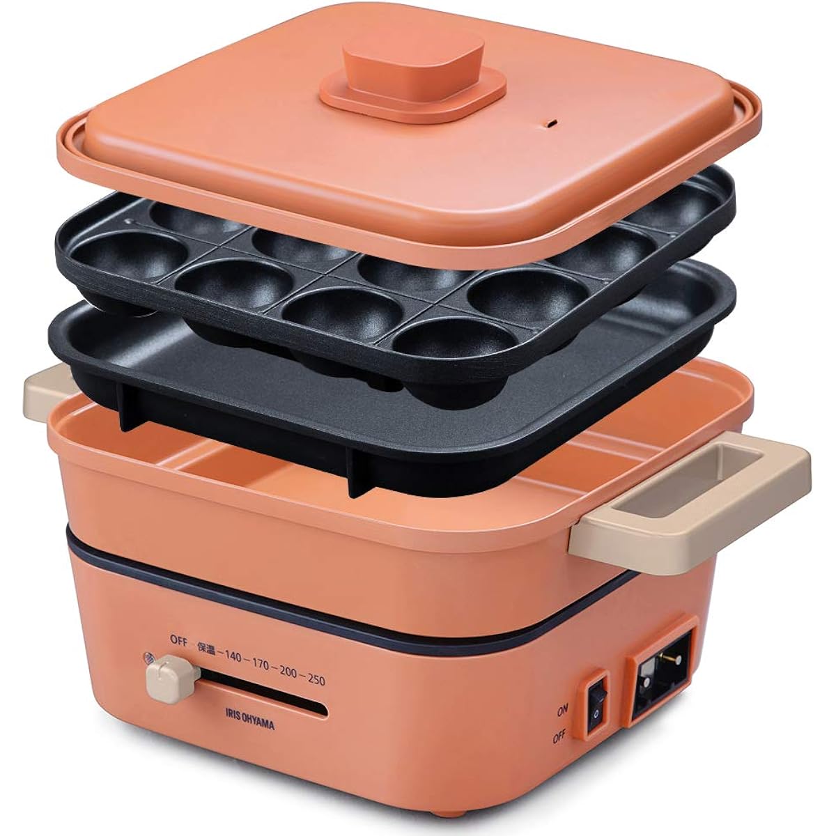 Iris Ohyama Hot Plate Grill Pot 3 Plate Ceramic Coated Pot Takoyaki Flat Plate IGU-P3-D Orange