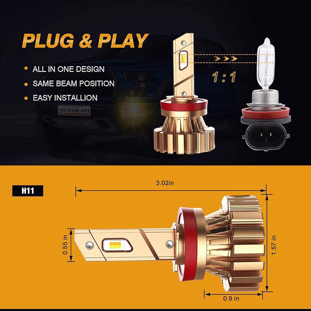 AUXBEAM 2024 F15 Series H8 LED bulb 2000LM 600%bright high power H8 LED bulb 6500k Cool white H8 Light Bulb 5 -layer cooling system 20%small size plug and play CANBUS compatible