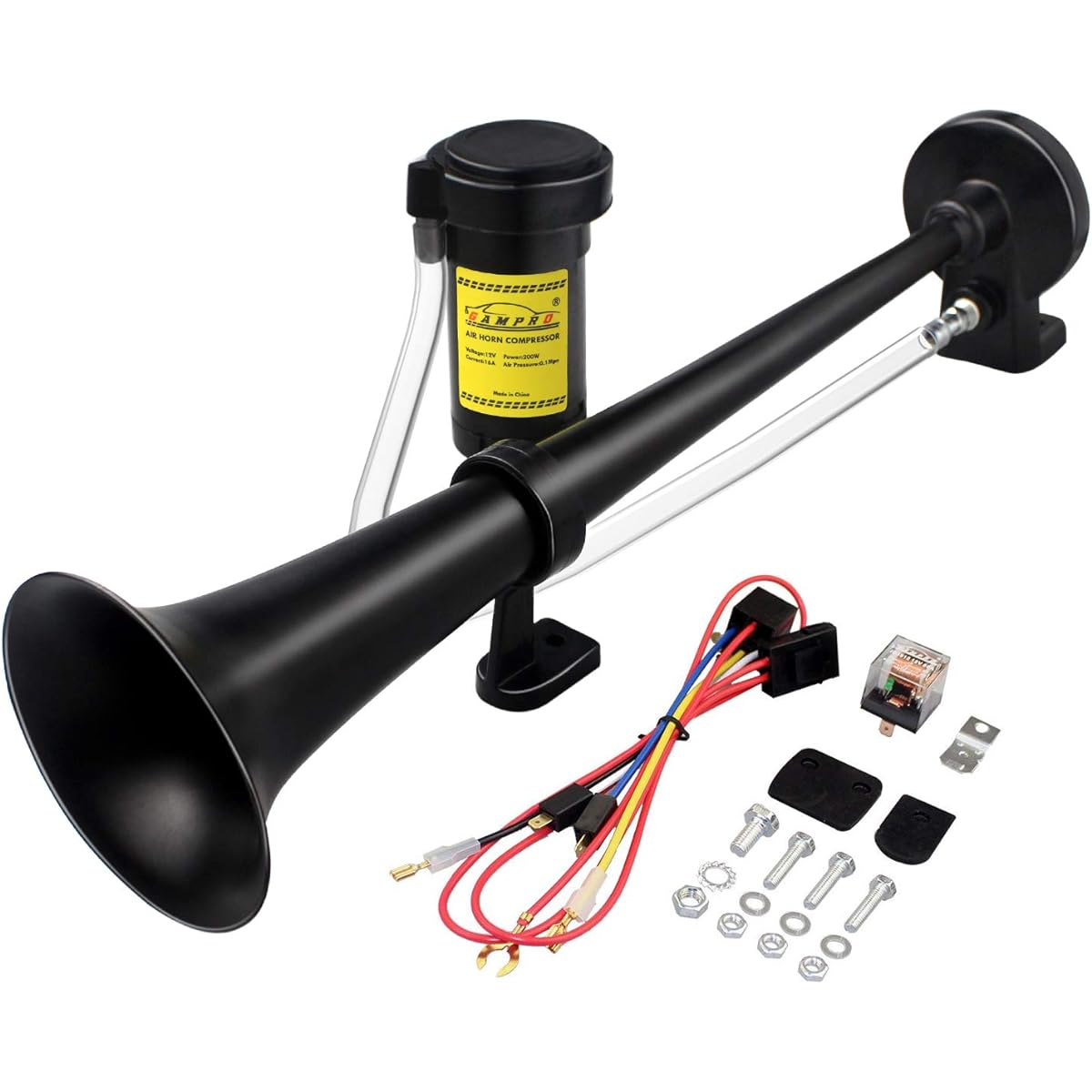 GAMPRO 12V 150DB Air Horn 18 inch chrome Zinc Singing Lumpet Track with Air Horn Compressor All 12V Truck Track Train Boat Car (Black)