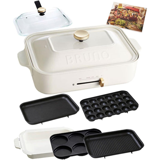 BRUNO Compact hot plate Main unit 5 types of plates (Takoyaki, Ceramic coated pot, Flat grill, Multi) Glass lid Recipe book included Stylish Cute This one unit Lid included 1200W Temperature control Easy to wash For 1, 2, 3 people Small size Small size F