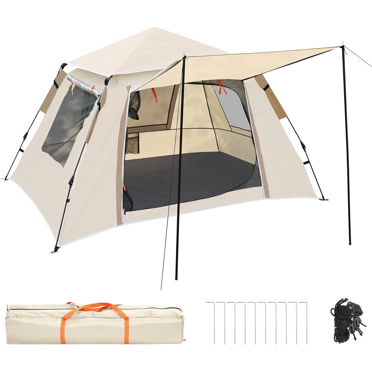 KOMCLUB One-Touch Dome Tent, 3 Windows, 2 - 3 People, Front Room Included, Front Room Pole, Water Pressure Resistant 78.7 inches (2,000 mm), UV Protection, Water Repellent, Double Layer, Windproof,