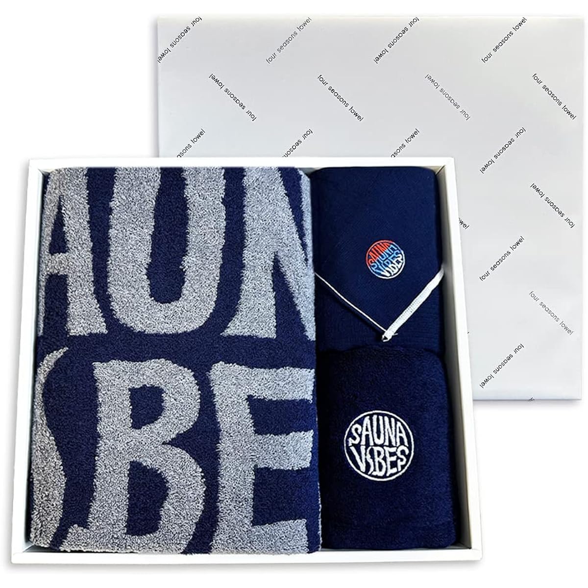 [Sauna Vibes] Sauna Hat, Sauna Towel, Bath Towel, 3-Piece Gift Set, Presentation Box, Navy, Imabari Towel, Men's, Women's