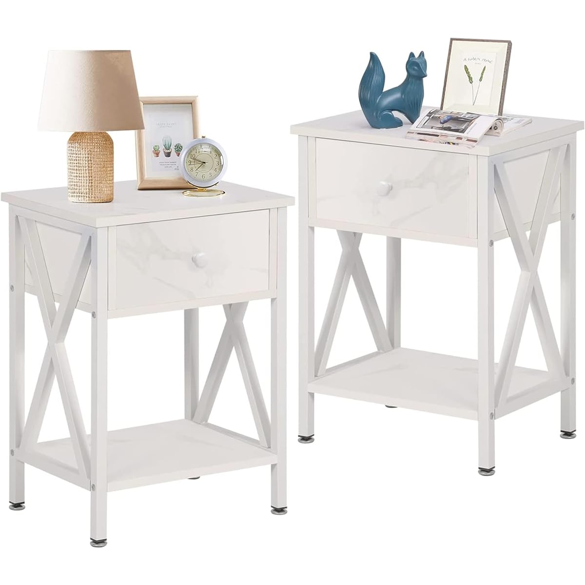 VECELO Side Table, Night Table, Bedside Table, 2 Piece Set, White, Width 40cm x Depth 30cm x Height 55cm, Scandinavian Style, Stylish, Bed Side, Sofa Side, Storage Shelf, Drawer Included, Living Room/Bedroom, Stylish [Japanese Regular Import]
