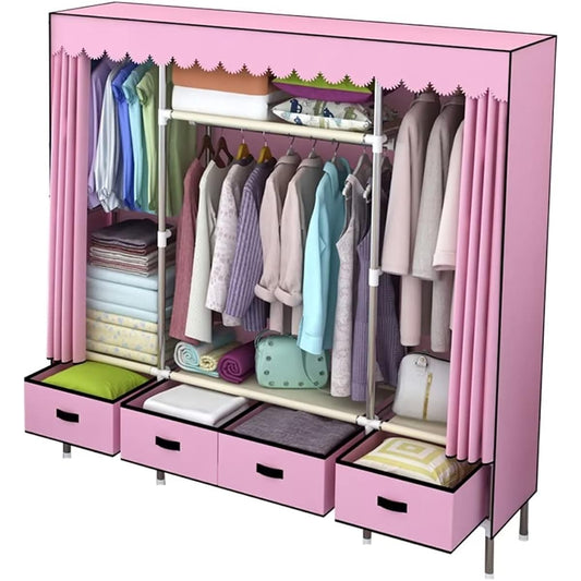 SUKIZUKI Wardrobe Closet with Wardrobe Cover, Large Capacity, Hanger Rack with Cover, Clothes Storage, 4 Drawers, Dustproof, Stain Resistant, Stylish, Width 165 x Depth 45 x Height 168 cm, Pink