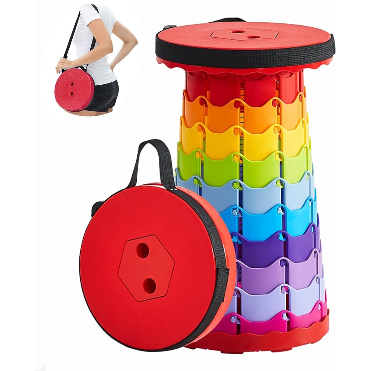 Folding chair Light and compact with a load capacity of 200kg Rainbow colored folding stool that can be unfolded in 1 second Waterproof design perfect for fishing, festivals, sports days, watching games, indoors and outdoors Comes with a storage bag and