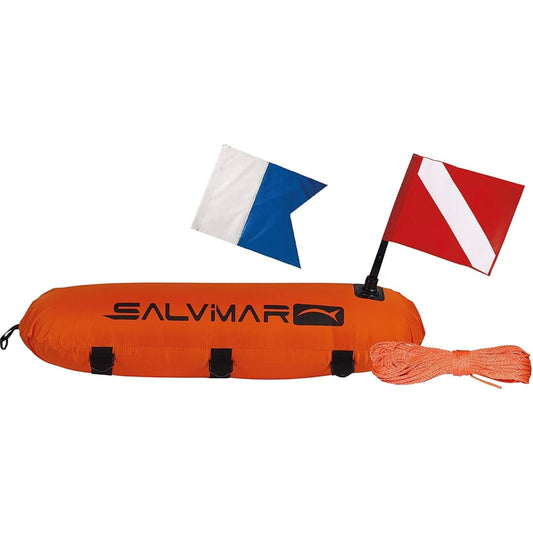 Salvimar Large Buoy Float [Size 84cm x 26cm / Made of Nylon / 2 Visibility Flags (Red/Blue) / 15m with Nylon Line] Spearfishing Float Durable