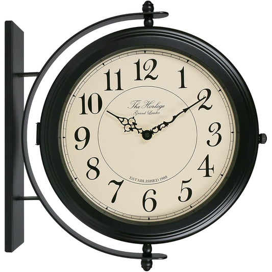 BESTIME 66264B Double-sided Wall Clock 360 Degree Rotation Black Metallic Beige Dial Height 36x Width 41.1x10.1cm Wrought Iron Metal Kitchen Living Room Entrance Bedroom Living Room Study Library Office