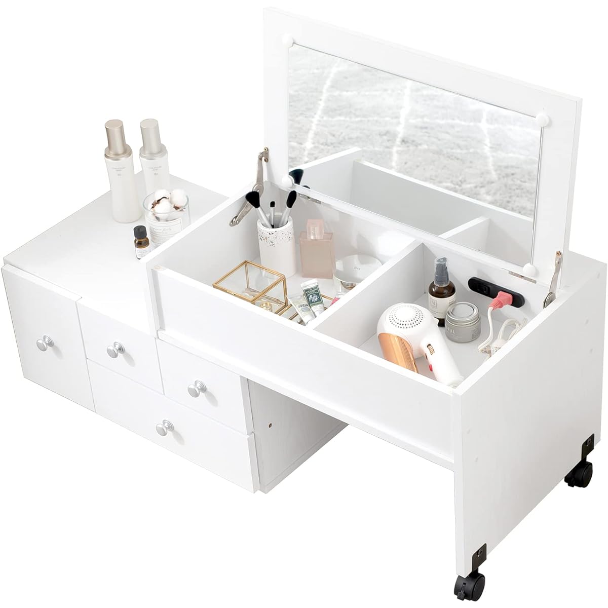 Hagiwara Dresser, Low Type, Telescoping Desk, 2 Outlets, Drawer Included, Cosmetic Storage, Vanity, Compact, Bedroom, Bedside, Wooden, Width 63-110 x Depth 40 x Height 26cm, White, White RD-1627WS