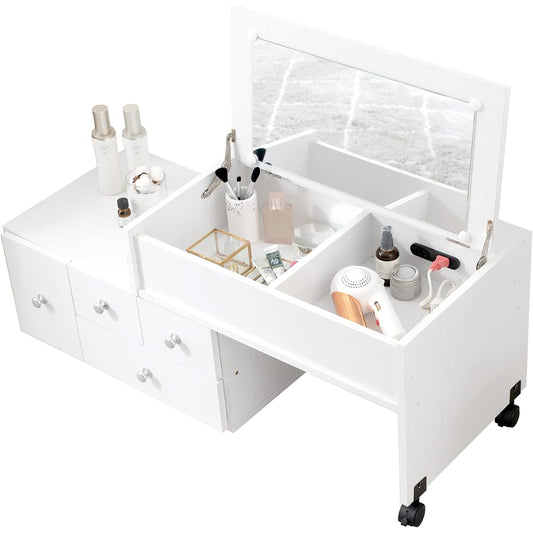 Hagiwara Dresser, Low Type, Telescoping Desk, 2 Outlets, Drawer Included, Cosmetic Storage, Vanity, Compact, Bedroom, Bedside, Wooden, Width 63-110 x Depth 40 x Height 26cm, White, White RD-1627WS