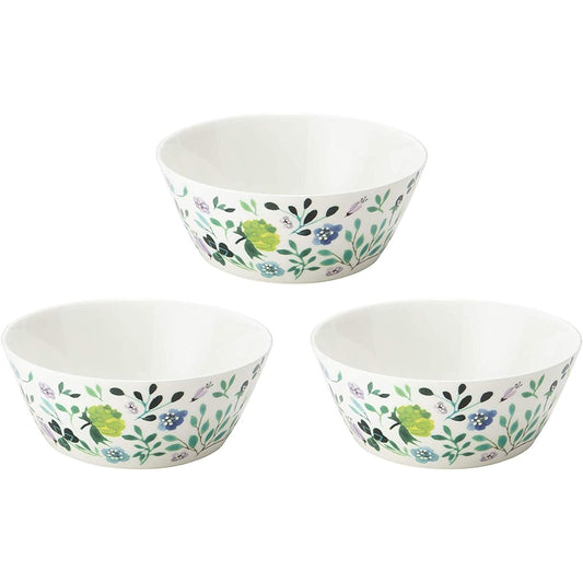 NARUMI Dinnerware Set, Anna Emilia, Diameter 14cm, Green, Floral Pattern, Cute, Set of 3, Microwave Warming, Dishwasher Safe, Gift Box Included, 51854-23166P