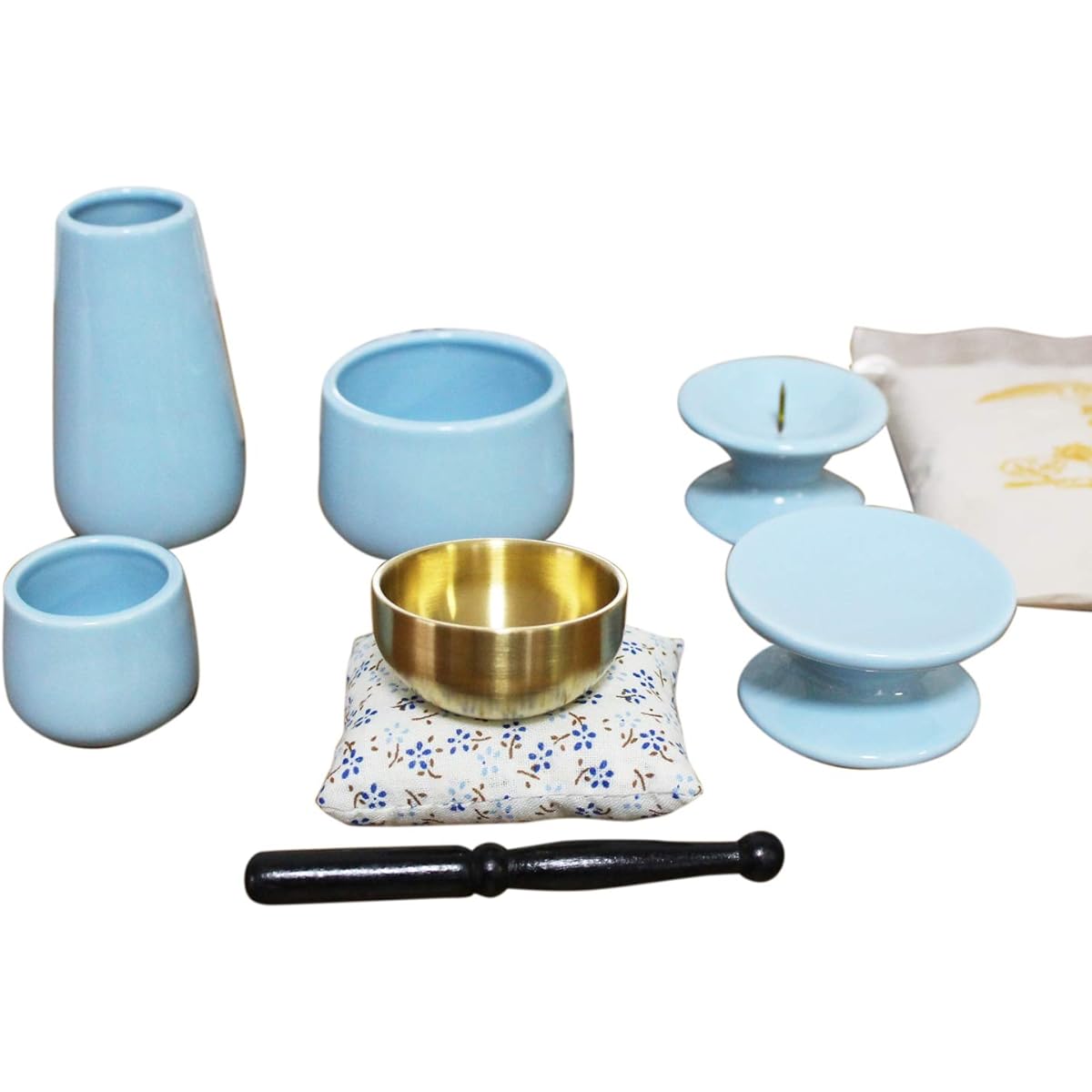 Mini Buddhist utensils 7-piece set, Korin, incense burner, incense burner ash, candle holder, vase, teacup, offering stand, blue