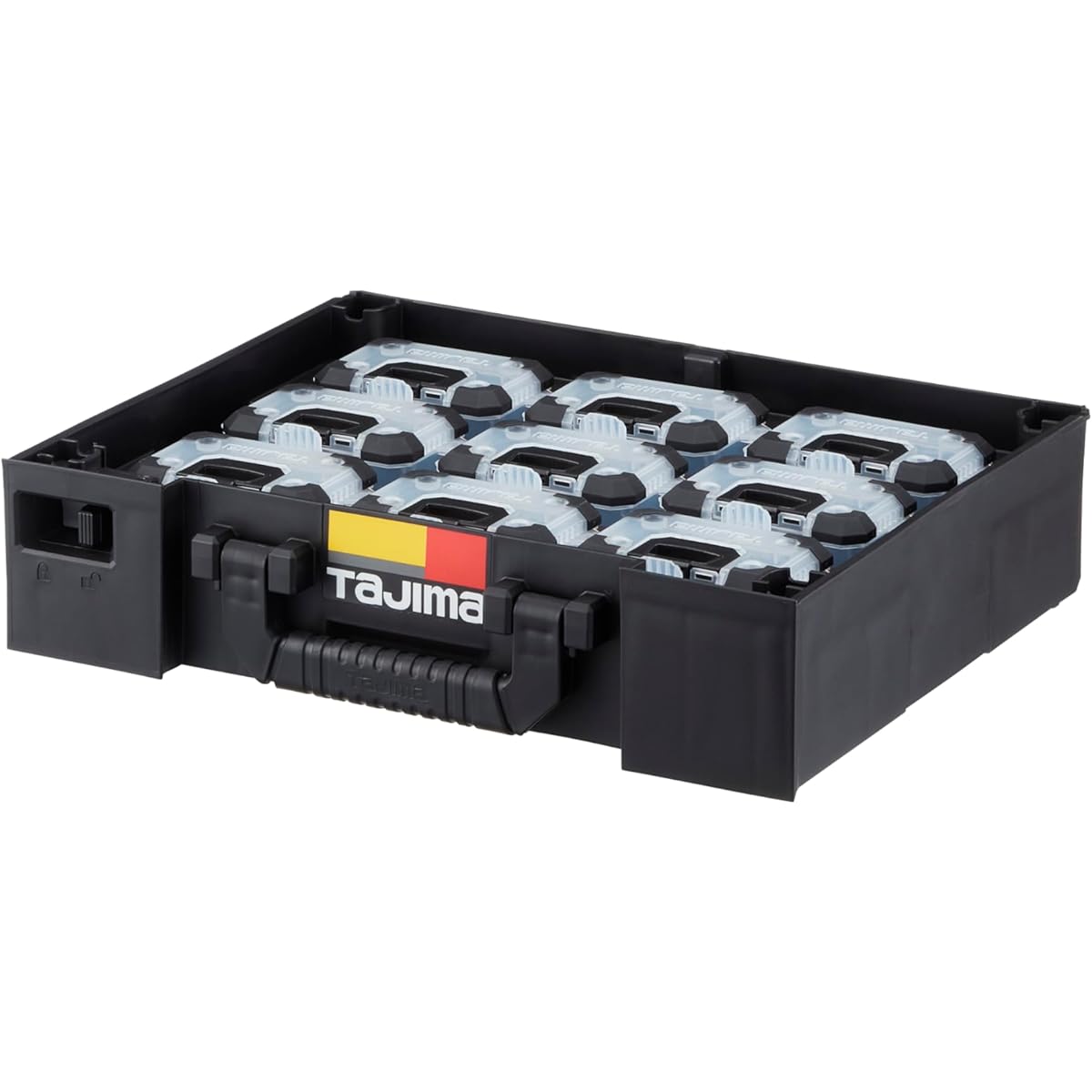 Tajima Safety System Set of 9 safety parts cases S size with tray TB-PCS9 Set of 9 safety parts cases S size and safety parts case tray (with handle) Sorting materials The parts case can also be attached to safety holders and belts Suitable Product: TB-H