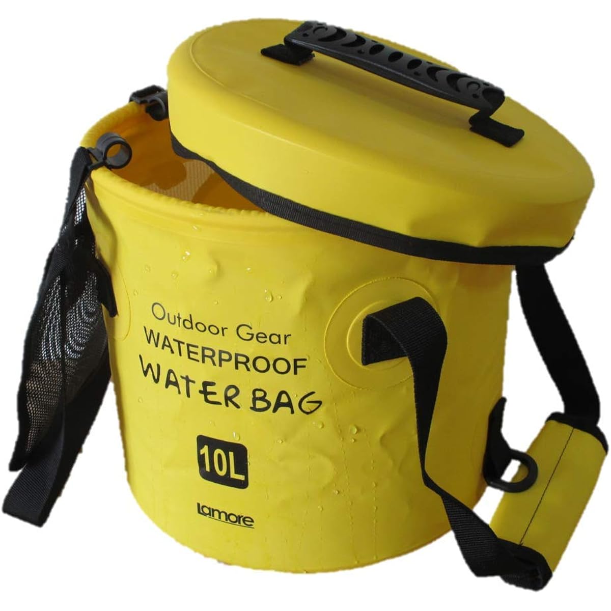 Lamore [New Material] Outdoor Camping Folding Bucket [Soft Material Even in Cold Winter] 10L 16L Bucket + Lid + Side Pocket <Water Drawing Fishing Car Wash Footbath> Waterproof Bag [322] (3) Yellow Yellow, 10L)