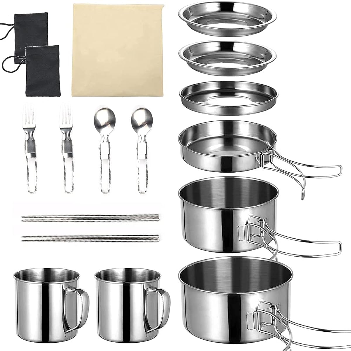 Samamixx Outdoor Cooker 14 Piece Set Camping Pot Dishes Tableware Set Stainless Steel Mess Kit Kocher Cooker Set Barbecue BBQ Stackable Storage Bag Included Suitable for 2-3 People