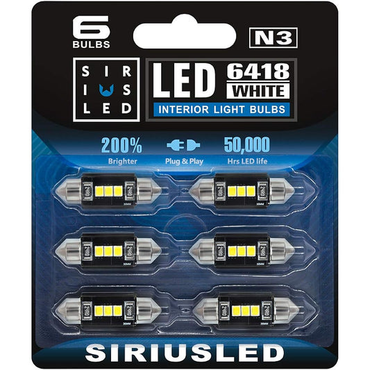 SIRIUSLED Super Bright 2835 Chipset Kanbus Error Free LED Fest Toon Light Ball Car Truck Interior Number Plate Dome Curte Sea Light 1.50 inch 36mm FESTOON 6418 C5W 6000K Kissenon White 2 Pack