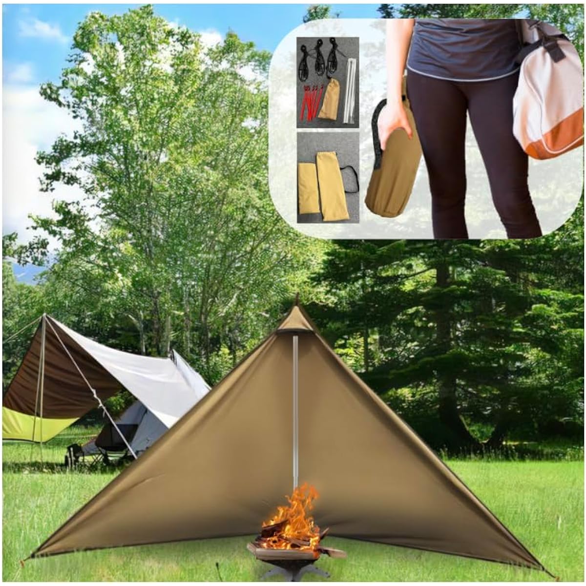 Courage triangular tent-shaped bonfire curtain [compact storage, lightweight windscreen] Windbreak, flame retardant, storage bag included