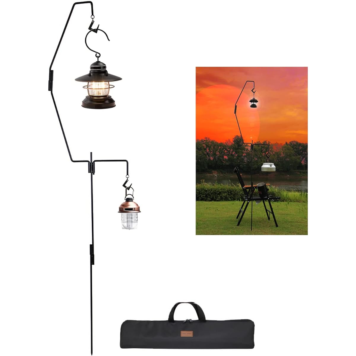 Qboo Lantern Stand [Save 70% in Storage Size] Lantern Hanger, Drive-in Steel Lantern Pole, Multifunctional, Lightweight, Compact, For Outdoor, Camping, Comes with Exclusive Storage Case Qboo