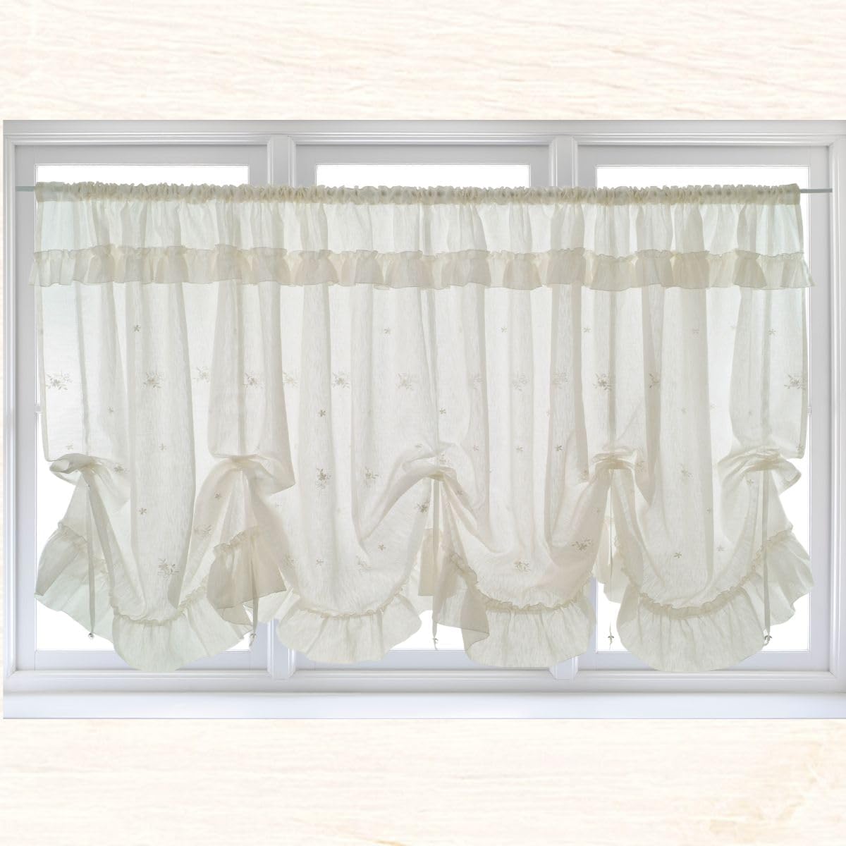 CLAIRER Bay Window Curtain Width 300 x Length 110 cm Chocolate Bay Window Lace Curtain for Bay Window Embroidery Simple Beaded Lace Pattern Design Cute Stylish KR-OW-01