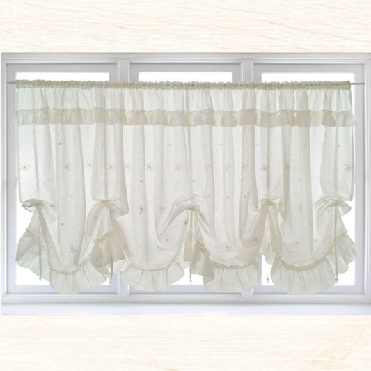 CLAIRER Bay Window Curtain Width 300 x Length 110 cm Chocolate Bay Window Lace Curtain for Bay Window Embroidery Simple Beaded Lace Pattern Design Cute Stylish KR-OW-01