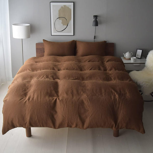 Duvet Cover Set, 4 Piece Set, Queen, Washed Linen, 100% Linen, Made in Japan, Washable, Duvet Cover, Fitted Sheet, 2 Pillow Shams, Lina (Queen Size, Caramel Brown)