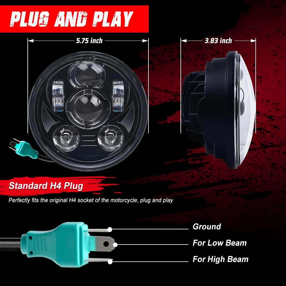 Tugwuetlwu 5-3/4 5.75 Inch LED Motorcycle Headlight Compatible with Harley Davidson Sportster Dyna Street Bob Low Rider Wide Glide Iron 883 1200 Softail Triple Headlamp