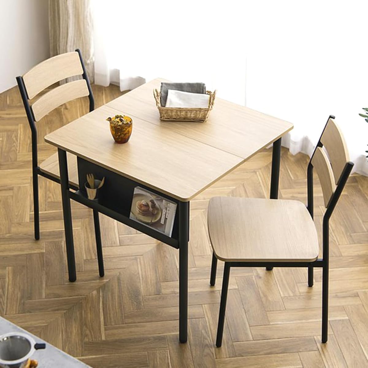 Iris Plaza Steel Wood Dining Set for 2 people, 3-piece set, 1 dining table, 70cm wide, 2 chairs, natural/black, with storage, wood grain, stylish, compact, assembly required, SWD-700