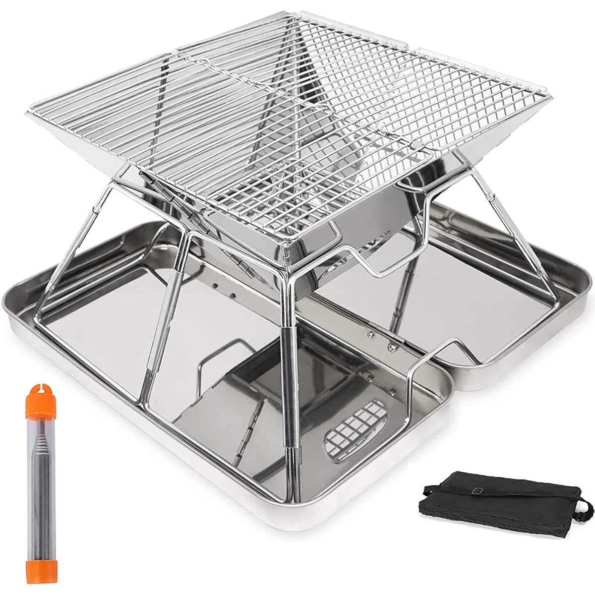 Rikopin Bonfire stand with barbecue stove storage case, compact grill, foldable BBQ stove for 2-4 people, stainless steel, lightweight, size: 31cm x 31cm x 20cm (fire blowing stick included)