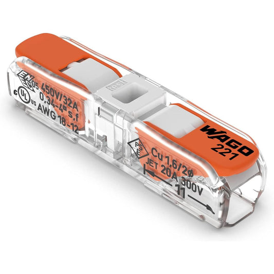 221-2401 | WAGO Lever-Nuts® Inline Splicing Connector | For solid and stranded conductors | 2 conductors with operating lever | 20-12AWG | Transparent housing | White cover | [Box of 60]