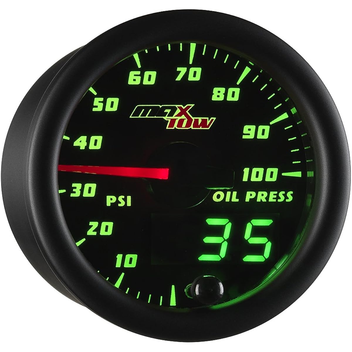 MAXTOW Double Vision 100 PSI Oil Pressure Gauge Kit -With Electronic Sensor -With Black Gauge Face -Green LED Lumine Dial -Analog & Digital Read -For Trucks -2-1/16 inches 52mm