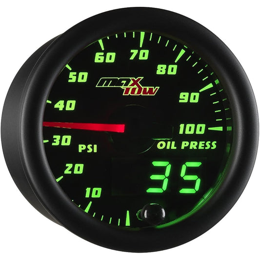 MAXTOW Double Vision 100 PSI Oil Pressure Gauge Kit -With Electronic Sensor -With Black Gauge Face -Green LED Lumine Dial -Analog & Digital Read -For Trucks -2-1/16 inches 52mm