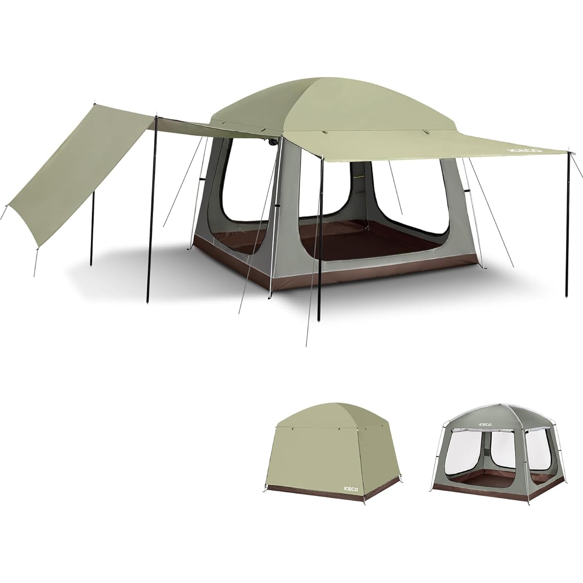 ICECO Dome Tent for 3 to 4 People, Extended Canopy, 4 Front Rooms, Water Pressure Resistant PU 3,000 mm, Insect Protection Mesh, Breathable, Double Layer Structure, UV Protection, Windproof,