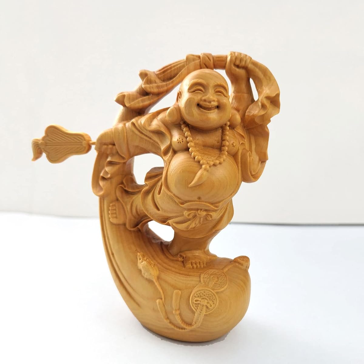 Wood carving, Hotei-sama, high quality natural boxwood wood carving, fortune, fortune, money, Buddha statue, ornament, auspicious, handmade craft (height 10cm x width 6cm x depth 3.5cm)