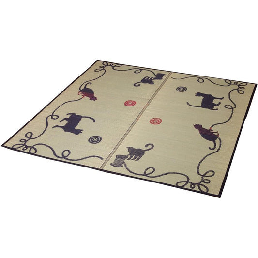 Ikehiko Corporation Rush Rug Carpet 2 Tatami Mats Cat Pattern Cat Pattern Square NS Mine Approx. 176 x 176 cm Backed #8171700 Black