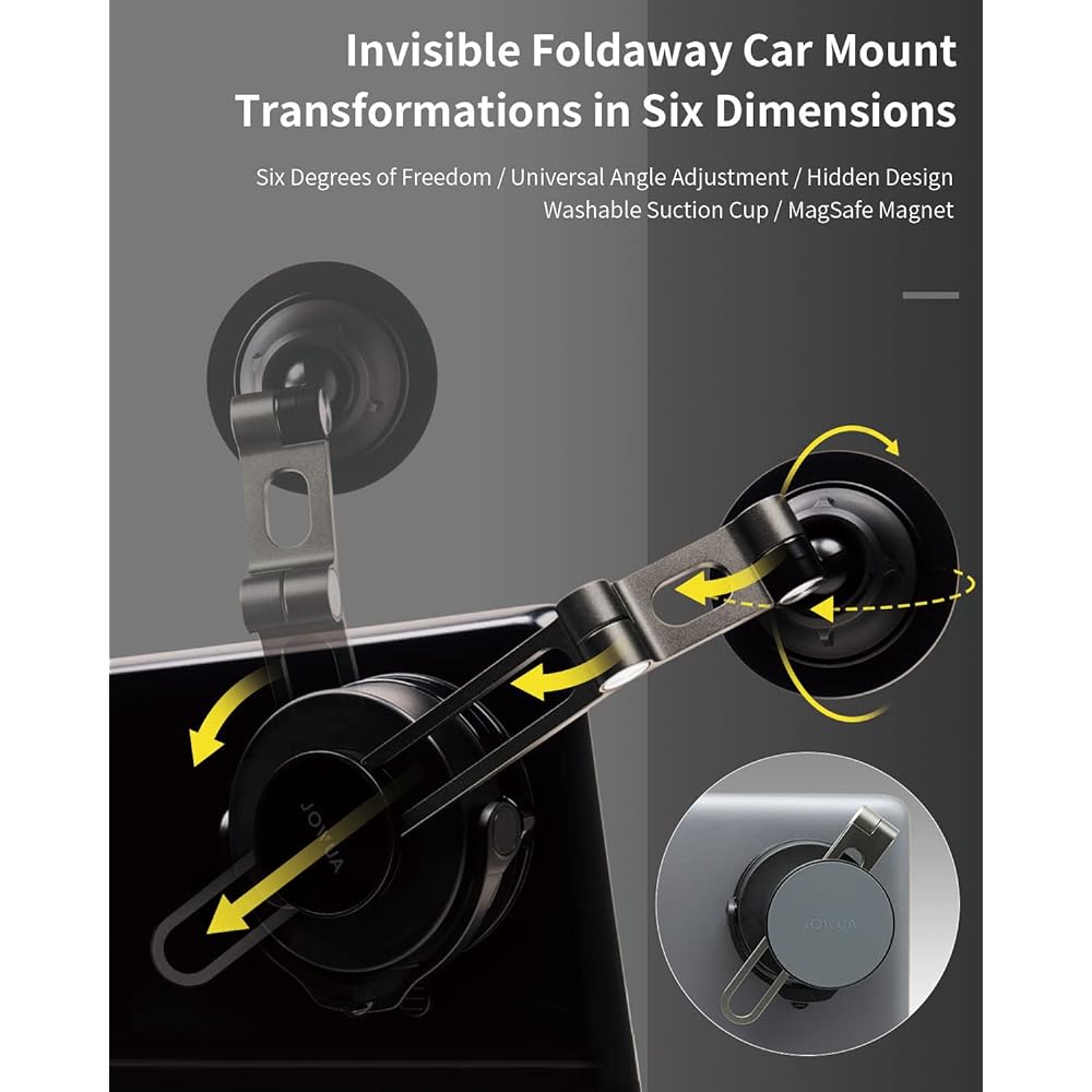 Jowua 6D invisible folding car mount is Compatible with MagSafe and also compatible with Tesla Model 3/Y, Model S/X Plaid (6D suction cup)