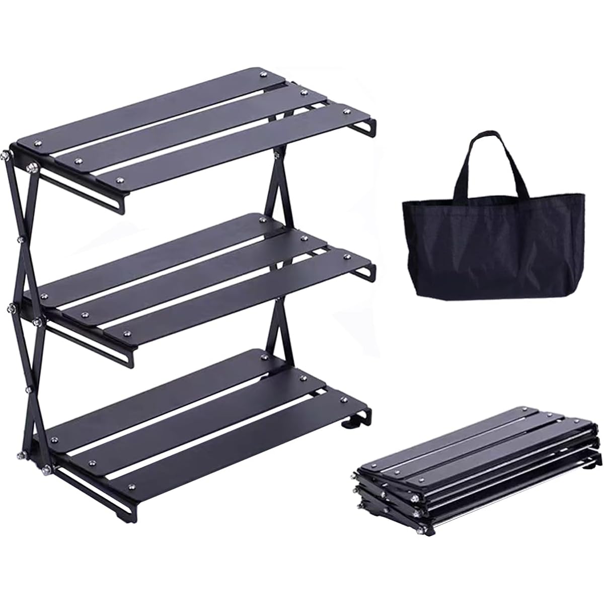 Neskatu Tabletop Storage Rack, Folding Camping Rack, Lightweight, Outdoor, 3 Tier Rack, Desk Rack, Compact Folding Rack, Aluminum, Small Item Storage Rack, Camping, Outdoor, Kitchen, Desk, Storage Bag Included, Easy to Assemble
