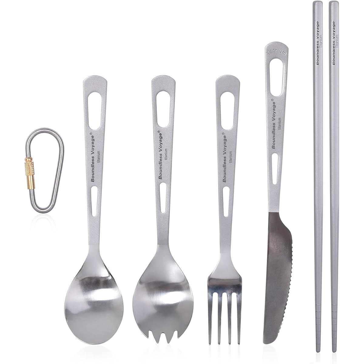iBasingo Titanium Cutlery Set, 5 Piece Set, Ultra Light Fork, Spoon, Knife, Spoon with Split Tip, Square Chopsticks, Outdoor Cooking Utensils, Barbecue, Storage Bag Included A-Ti1054T