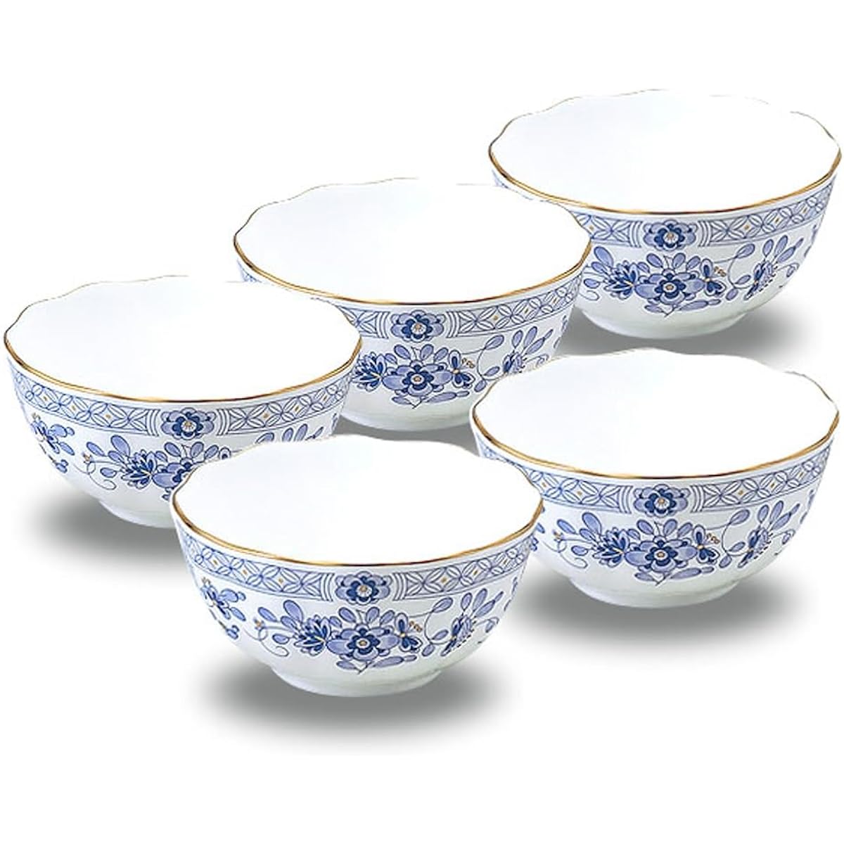 NARUMI Bowl Plate Set Milano 11cm Blue Floral Pattern 5 Pieces Plum Blossom Chintz Style Small Bowl Made in Japan Gift Box Included 9682-23335