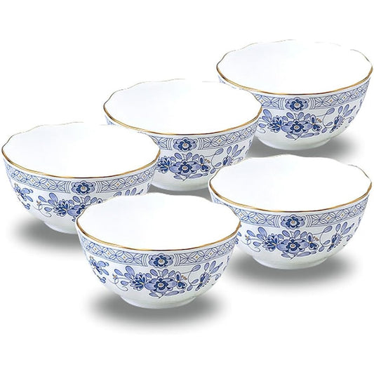 NARUMI Bowl Plate Set Milano 11cm Blue Floral Pattern 5 Pieces Plum Blossom Chintz Style Small Bowl Made in Japan Gift Box Included 9682-23335