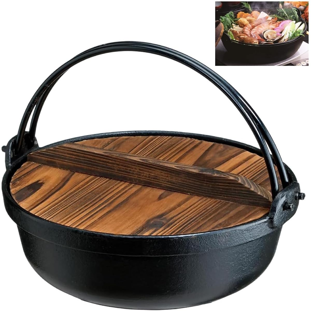Irori pot with wooden lid, 26 cm / for 4-5 people, made of cast iron, gas fire, IH compatible, authentic iron pot for inn-style meals, heat storage and soft heat, hot pot dishes, boiled tofu, oden, udon, ramen, etc.