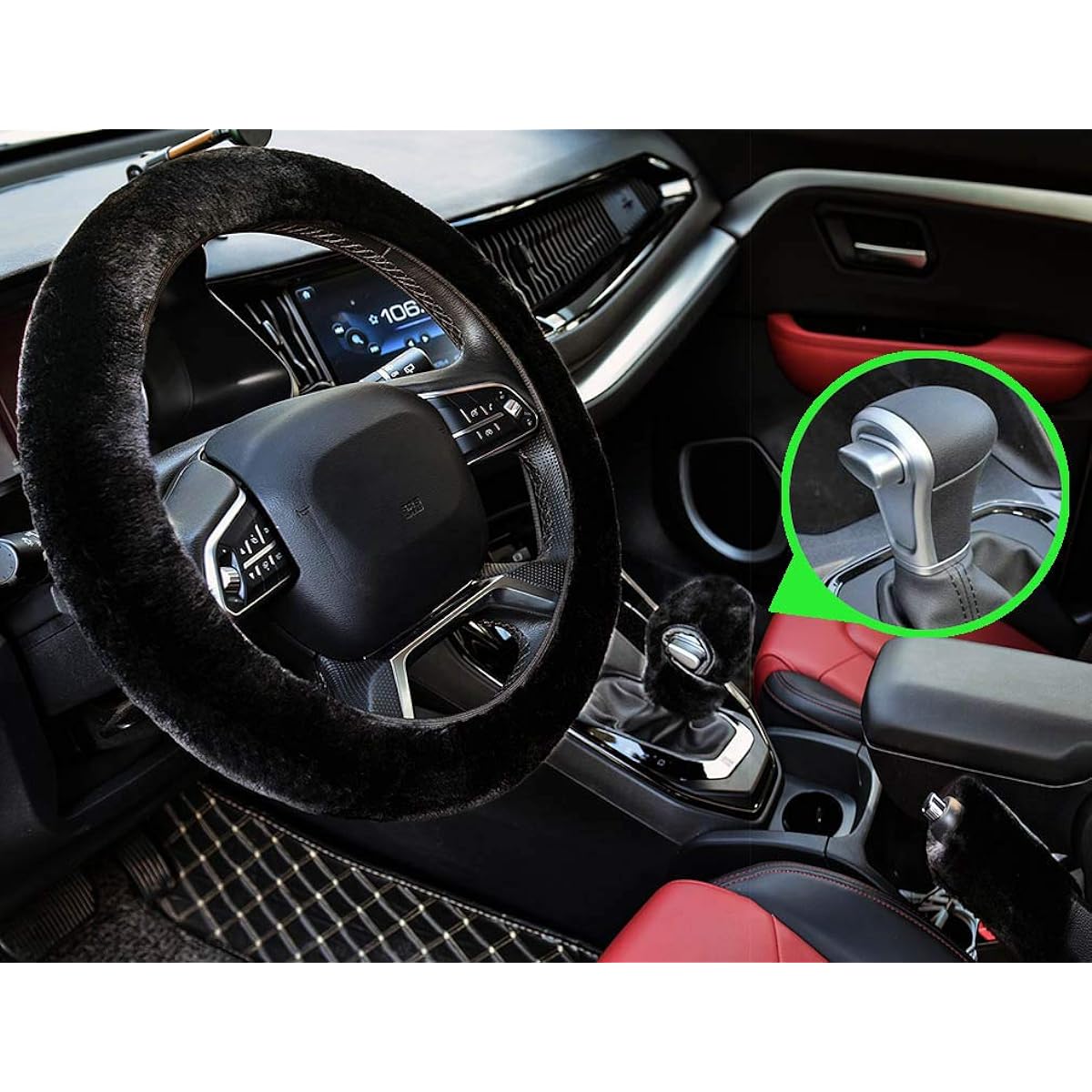 ACDIAC Universal 3 Points Plash Steering Wheel Cover Thick Ladies Fake Wand Brake Cover & Gear Cover Set Warm Winter Styling Interior 15 "(38cm) Black CMRBT3JT-SWL-22