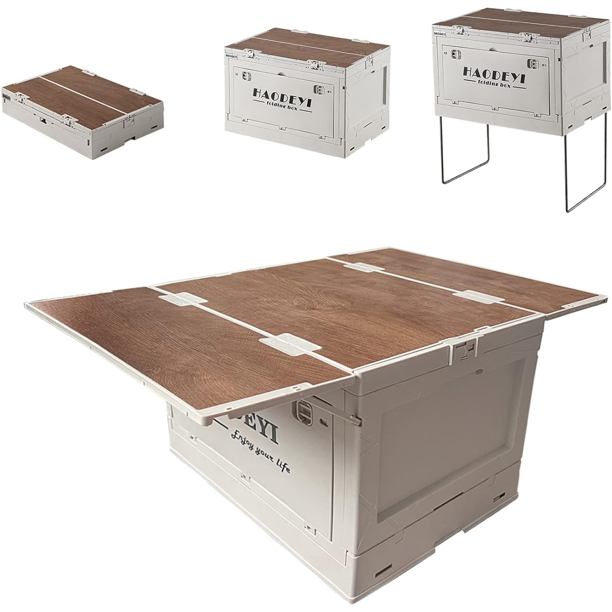 Camping Table Foldable Storage Box with Lid Camping Car Storage Box Multifunctional Easy Assembly Large Capacity Outdoor Camping (Wood + White)