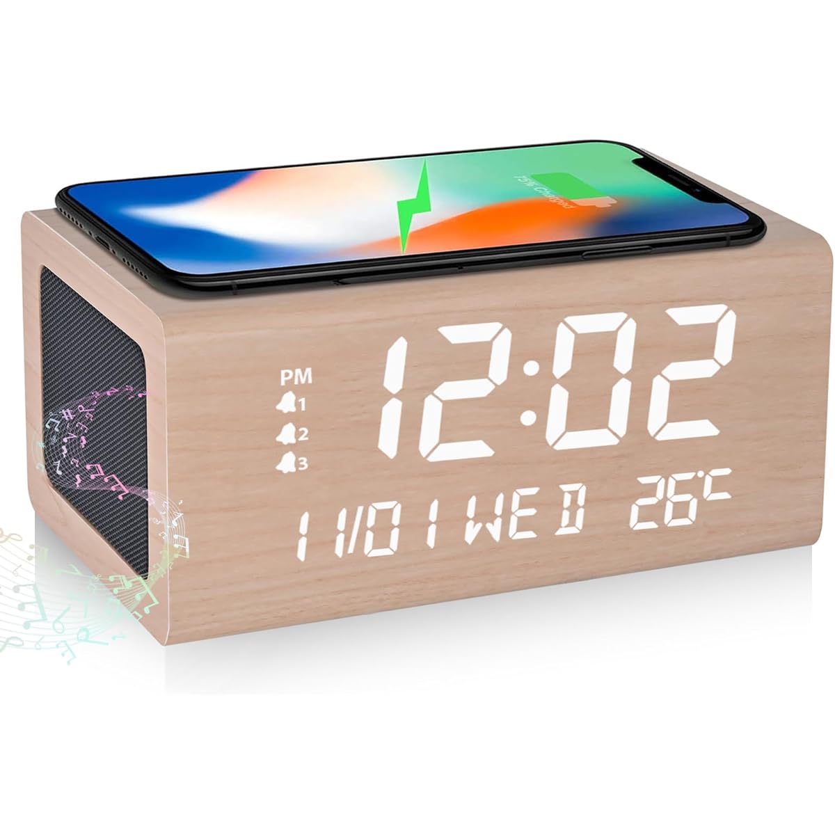 Alarm Clock, Bluetooth Speaker, Table Clock, Wireless Charging Function, Multi-functional Clock, Qi Wireless Charger, Thermometer, Alarm Clock, Temperature / Peripheral Display, 3 Pairs of Alarms,