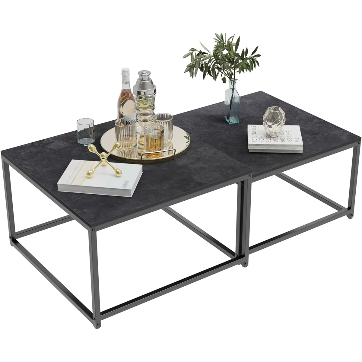 Marble low table set of 2 large nesting table living room square width 65cm 60cm sliding simple kotatsu center table ceramic stylish modern black width 120cm height 40cm