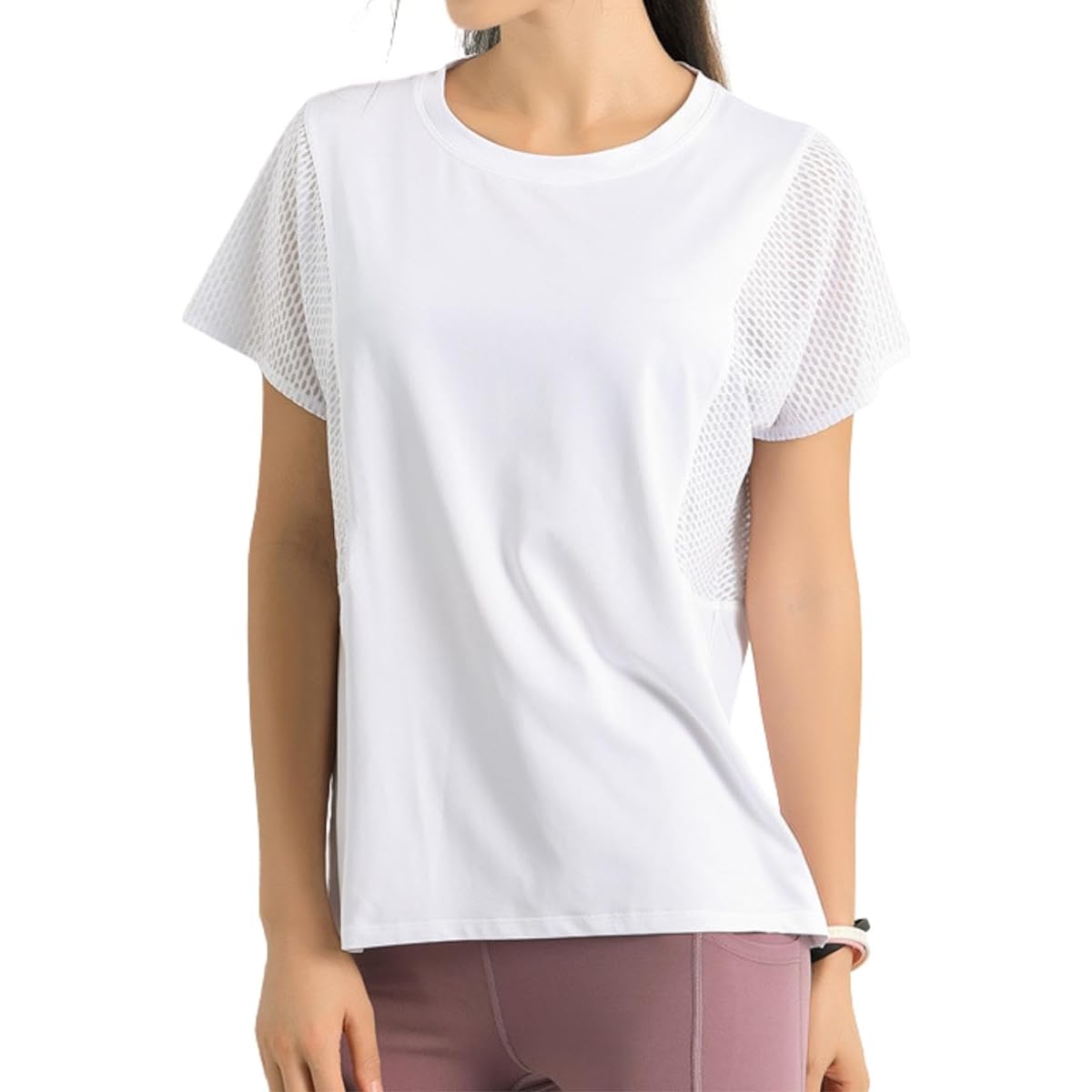 [machikaada] Women's Yoga Wear Tops, 680, Short Sleeve, 5-Part Length T-Shirt, Hot Yoga, Absorbent, Quick Drying, Stretch, Breathable, Oversized, Upper Arm Cover, Women's Sportswear, Body Covering