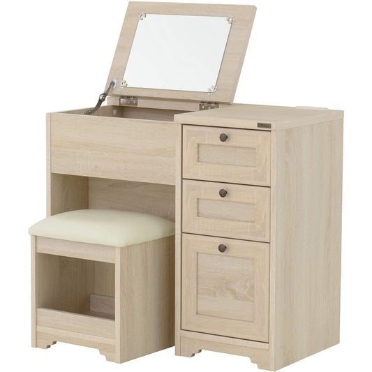 Sato Sangyo ANRI Desk Dresser, Width 80cm, Depth 40cm, Height 70cm, Oak White, Stool Included, Outlet Included, Selectable Handle AN70-80D IV