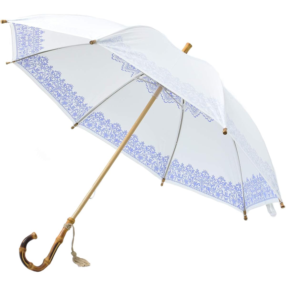 UVION Premium White Parasol UV Protection -10 Degrees Long Umbrella for Both Sunny and Rainy Days Ultra Lightweight Bamboo Hand Lace Pattern