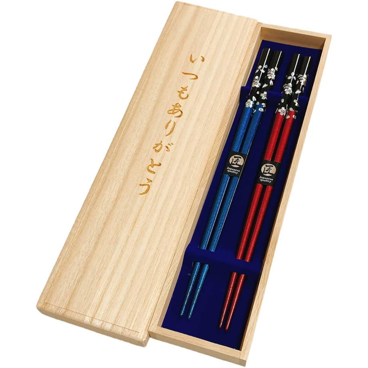 Couple chopsticks, silver cherry blossoms, blue, red, unisex size, non-slip, with paulownia box and wrapping, thank you gift, parents, father, mother, Mother's Day, Father's Day, Respect for the Aged Day [54]