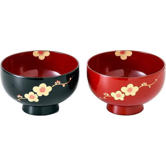 Hiroharu Echizen Lacquerware Ball-shaped Soup Bowl Approx. 11cm Set of 2 Dishwasher Safe Plum A-25 Red